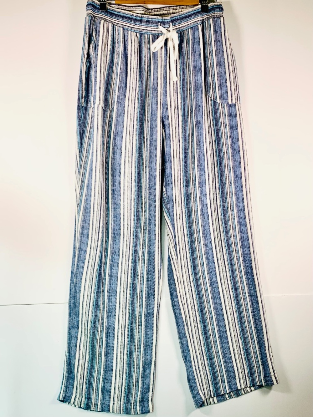 Cato Fashions Coastal Linen Blend Wide Leg Pant Blue White Stripes Elastic Waist